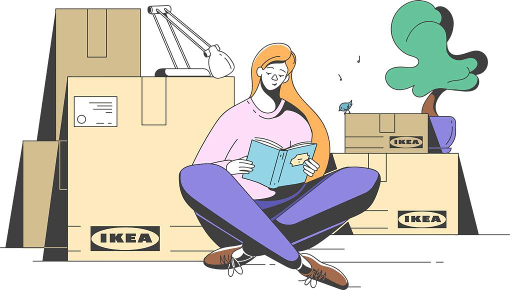 Illustration av tjej som avslappnat läser en framför sina flyttlådor