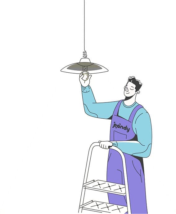 Illustration av Pandy hemfixare installerar en lampa